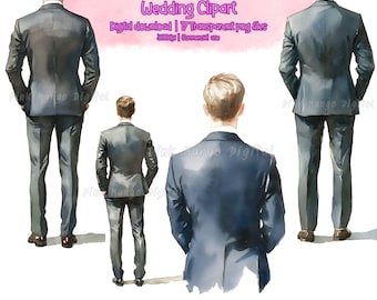 Watercolor Groom from the Back Clipart, Wedding illustration, Wedding Clipart Invitation, Groom Clipart, Groom Back Clipart, Man in suit