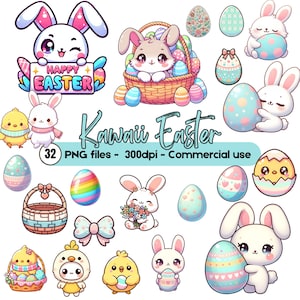 Puede incluir: Una colección de archivos PNG con temática de Pascua Kawaii. La imagen presenta conejitos, pollitos, huevos de Pascua y cestas en colores pastel. El texto "Happy Easter" se muestra en un letrero sostenido por un conejito. La imagen también incluye el texto "32 PNG files - 300dpi - Commercial use."
