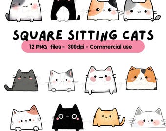 Pacchetto di clipart di gatti kawaii / 12 gatti seduti quadrati in formato PNG / Illustrazioni di gattini grassi carini / Facce di gatti dei cartoni animati / Download digitale / 300 DPI