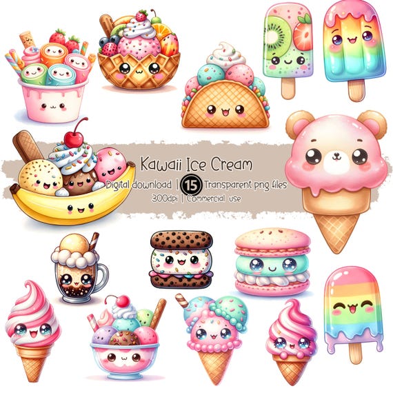 Kawaii Ice Cream Clipart Bundle | Cute Dessert PNG | Pastel Ice Cream Stickers | Digital Download | Commercial Use