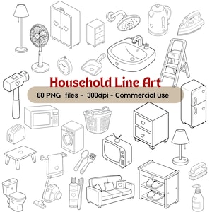 Puede incluir: Ilustración en blanco y negro de varios artículos para el hogar, incluyendo una lámpara, ventilador, armario, alcachofa de ducha, hervidor, plancha, microondas, lavadora, TV y sofá. Texto: "Household Line Art" y "60 PNG files - 300dpi - Commercial use."