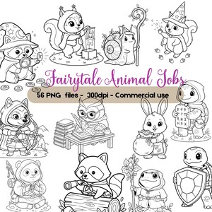 Fairytale Animal Jobs Clipart, Cute Storybook Animal Professions, Line Art Coloring Pages, PNG Bundle, Commercial Use