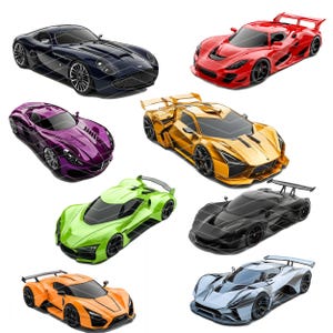 May include: A collection of eight sleek, modern sports cars in various colors, including black, red, gold, purple, green, orange, and silver. The cars are all high-performance and feature sharp lines and aerodynamic designs.