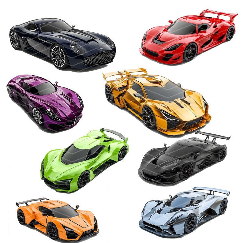May include: A collection of eight sleek, modern sports cars in various colors, including black, red, gold, purple, green, orange, and silver. The cars are all high-performance and feature sharp lines and aerodynamic designs.