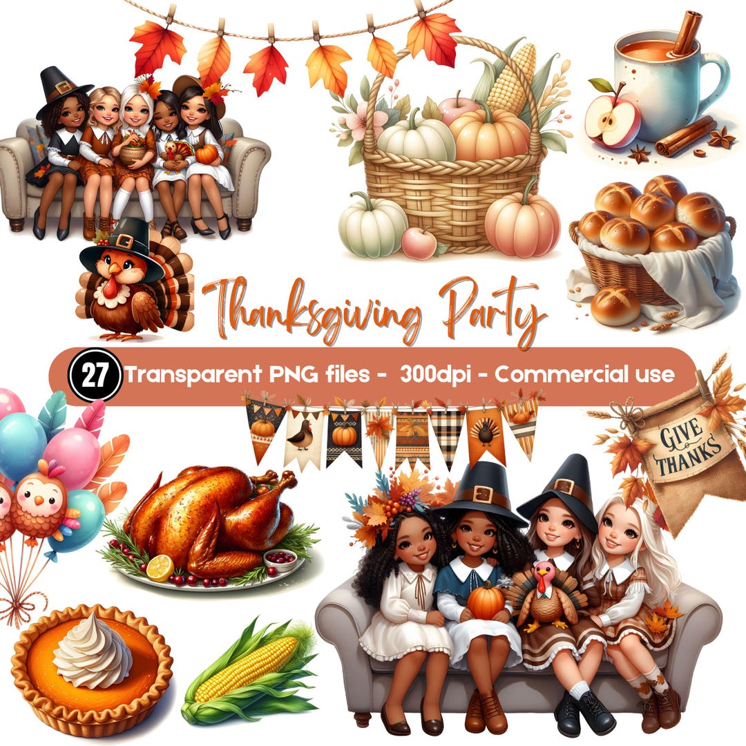 感謝祭のクリップアート集：秋の女の子、七面鳥、食べ物と装飾（PNGファイル、商用利用可） - Etsy 日本, image size:1080x1080
