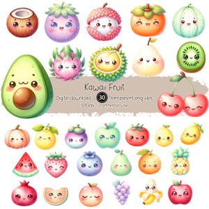 Kawaii Fruit Clipart Bundle | 30 Cute Fruit PNGs | Transparent Background | 300dpi Digital Download | Commercial Use