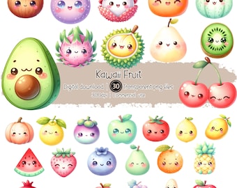 Kawaii frukt Clipart-paket | 30 söta frukt-PNG-bilder | Transparent bakgrund | 300 dpi digital nedladdning | Kommersiellt bruk