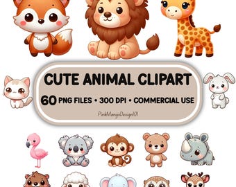 60 Cute Animal Clipart Bundle - PNG Images, Perfect for Scrapbooking, Card Making, and Crafts