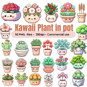 May include: A selection of kawaii-style illustrations of potted plants. The image showcases diverse plants, such as flowers, cacti, and leafy greens, each with a charming, smiling face. The text "Kawaii Plant in pot" is displayed.