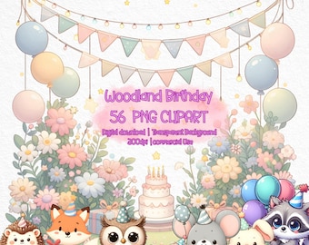 Woodland Geburtstag Clipart: Waldtiere, Kuchen, Luftballons (56 PNG Dateien) (Digitaler Download)