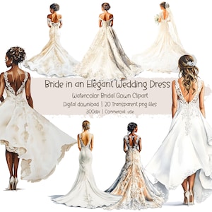 Braut in einem Eleganten Hochzeitskleid, Aquarell Hochzeit Brautkleid Clipart, Braut Rückansicht Hochzeit PNG, Hochzeitstag Braut von der Rückseite