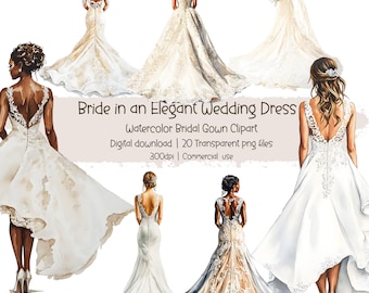 Bride in an Elegant Wedding Dress, Watercolor Wedding Bridal Gown Clipart, Bride Back view Wedding PNG, Wedding Day Bride from the back