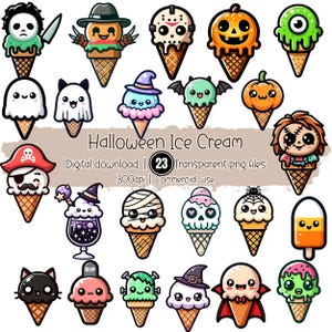 May include: A collection of cartoon ice cream cones with Halloween themes. The cones feature designs like a ghost, pumpkin, and Frankenstein's monster. The image includes the text "Halloween Ice Cream" and "Digital download".