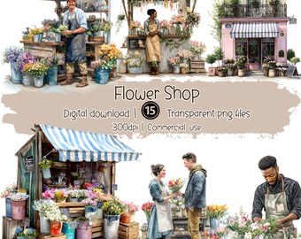 Akvarell blomsterbutik Clipart: Blomstermarknad PNG-paket (digital nedladdning)