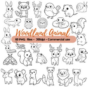 Może przedstawiać: Czarno-białe ilustracje różnych zwierząt leśnych, w tym królików, szopów i jeleni. Obraz zawiera tekst "Woodland Animal" oraz "60 plików PNG - 300dpi - Użytek komercyjny". Idealne do projektów kreatywnych.