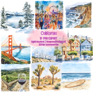 Clipart Californie aquarelle, État de Californie, coquelicot de Californie, affiche de Californie, désert de Joshua Tree, voyage à Hollywood en Californie