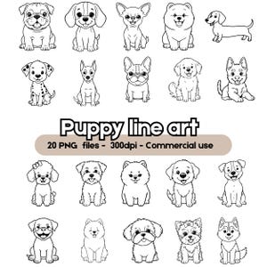 Pu&ograve; includere: Illustrazioni in bianco e nero di varie razze di cuccioli. L'immagine include il testo "Puppy line art" e informazioni sui file: "20 file PNG - 300dpi - Uso commerciale."