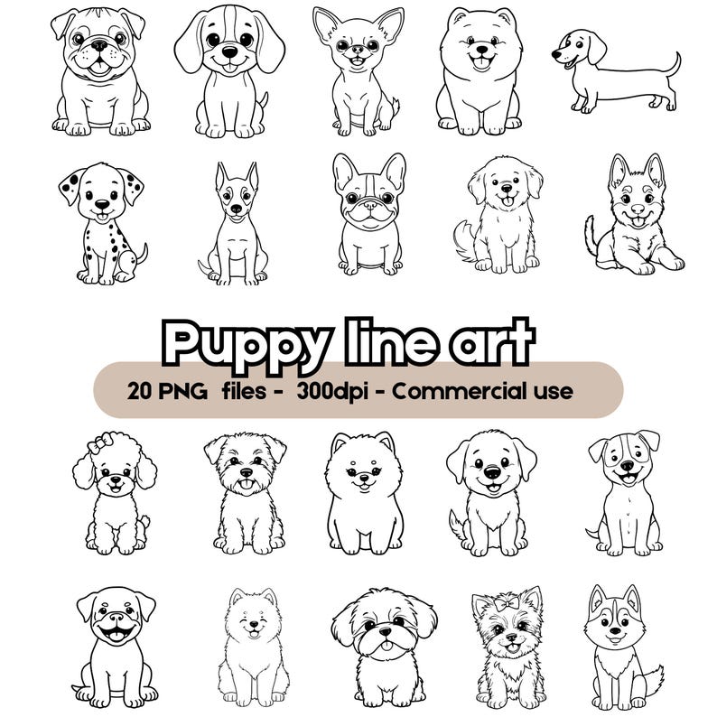 Pu&ograve; includere: Illustrazioni in bianco e nero di varie razze di cuccioli. L'immagine include il testo "Puppy line art" e informazioni sui file: "20 file PNG - 300dpi - Uso commerciale."
