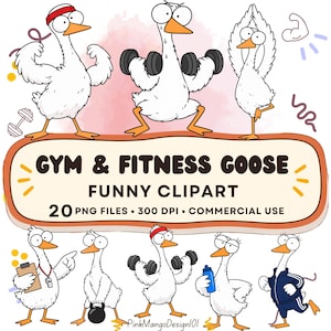 Op de afbeelding: Een digitale illustratieset met witte ganzen in diverse fitnesshoudingen, waaronder gewichtheffen, yoga en sportkleding. De tekst luidt GYM & FITNESS GOOSE FUNNY CLIPART 20 PNG FILES 300 DPI COMMERCIAL USE.