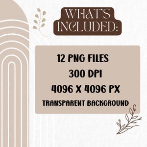 May include: A digital product information graphic featuring the text WHAT'S INCLUDED: followed by 12 PNG FILES, 300 DPI, 4096 X 4096 PX, and TRANSPARENT BACKGROUND. The design uses a beige and brown color palette with arched line art and leaf illustrations.