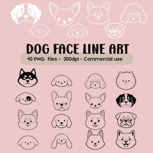 May include: A collection of dog face line art illustrations in black and white, featuring various breeds. The image includes the text "DOG FACE LINE ART" and details about the files.
