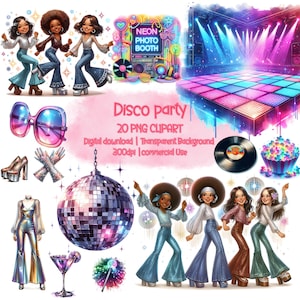 Pacote de clipart de festa de discoteca retrô | PNG de funk dos anos 70 | Gráficos brilhantes e descolados para sublimação e artesanato