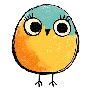 May include: A round, stylized bird illustration featuring a teal upper head and a bright orange lower body. The bird has large, circular white eyes with black pupils, prominent black eyelashes, a small black triangular beak, and two thin black legs.