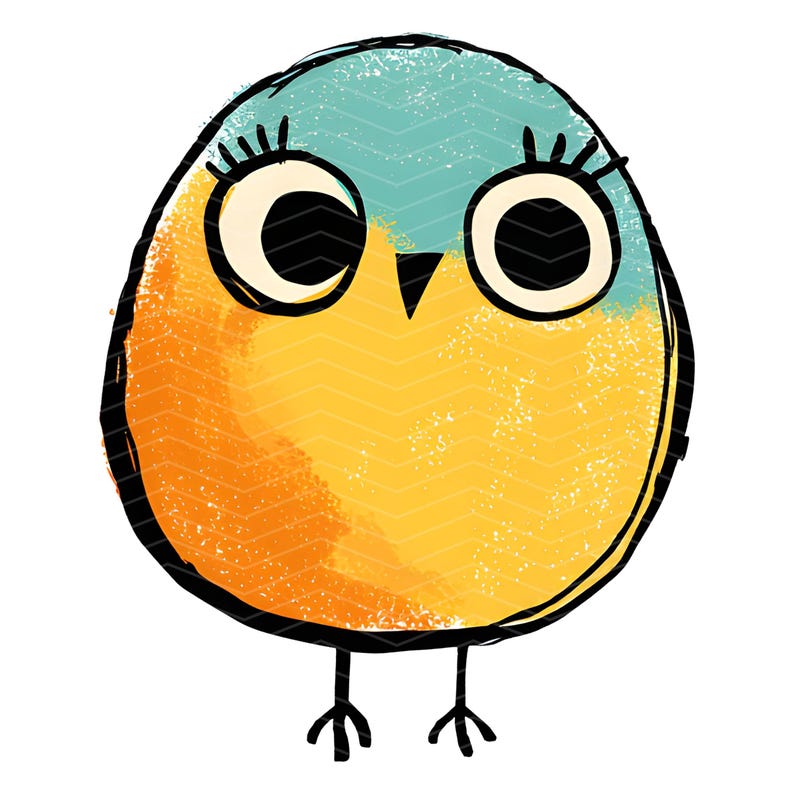 May include: A round, stylized bird illustration featuring a teal upper head and a bright orange lower body. The bird has large, circular white eyes with black pupils, prominent black eyelashes, a small black triangular beak, and two thin black legs.