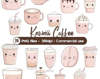 Kawaii Coffee Clipart Bundle | Cute Coffee PNG Files | Coffee Cup Clipart | Digital Coffee Illustrations | Coffee Lover Graphics