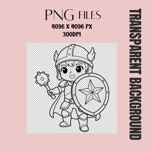 Puede incluir: Ilustraci&oacute;n en blanco y negro de un caballero de dibujos animados sosteniendo una maza y un escudo con una estrella. La imagen incluye el texto "PNG FILES", "4096 X 4096 PX", "300DPI" y "TRANSPARENT BACKGROUND".