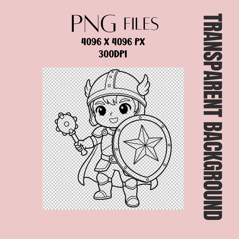 Puede incluir: Ilustraci&oacute;n en blanco y negro de un caballero de dibujos animados sosteniendo una maza y un escudo con una estrella. La imagen incluye el texto "PNG FILES", "4096 X 4096 PX", "300DPI" y "TRANSPARENT BACKGROUND".
