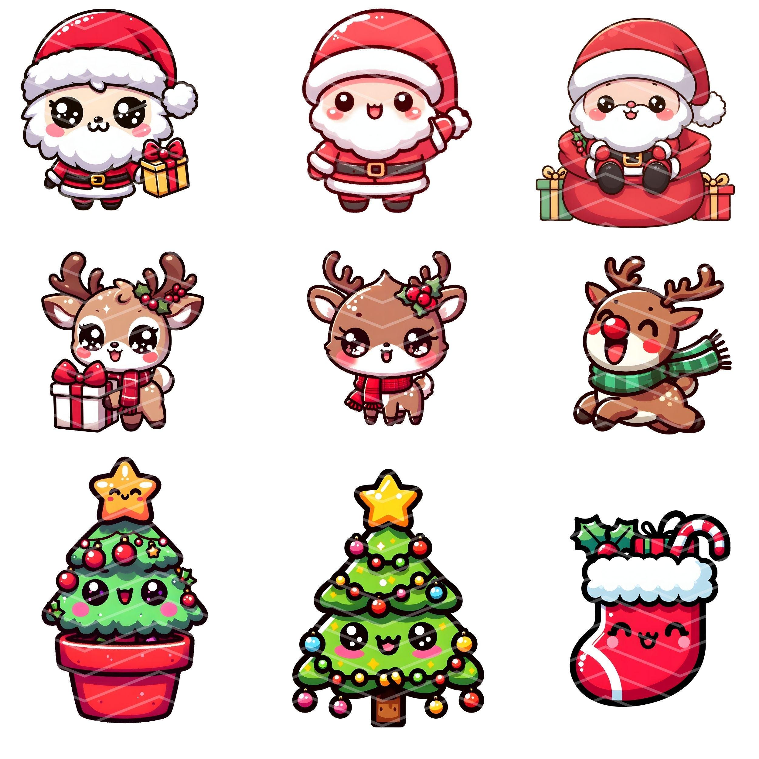 Kawaii Christmas Clipart Bundle | Cute Santa Reindeer Gingerbread PNG ...