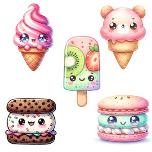 May include: A collection of five kawaii-style desserts. Includes a pink and white swirled ice cream cone, a kiwi and strawberry popsicle, a bear-shaped ice cream cone, an ice cream sandwich, and a macaron.