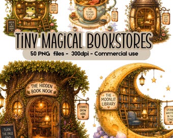 Tiny Magical Bookstores Clipart Bundle, Cozy Fantasy Library PNG, Whimsical Book Nook Watercolor Clipart 50 PNG