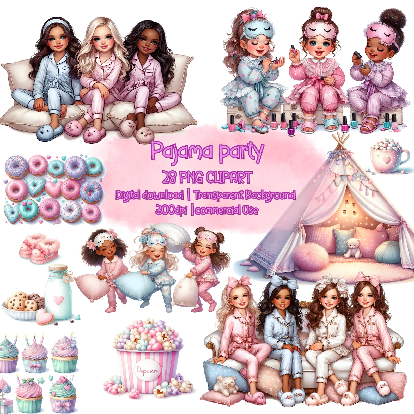 Girl Pajama Party Clipart Set, Glam Girl Clipart, Cute Girl in Pajama ...