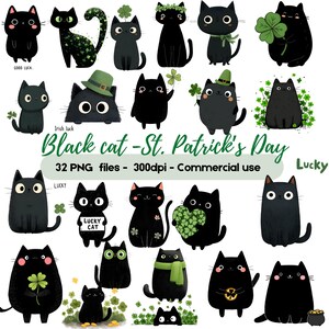 May include: A collection of black cat illustrations with St. Patrick's Day themes. The cats are depicted with shamrocks, leprechaun hats, and other festive elements. Text includes "Black cat - St. Patrick's Day" and "Lucky Cat".