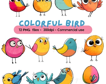 Colorful Bird Clipart Bundle, Cute Cartoon Birds PNG Set, Hand Drawn Bird Illustrations, Spring Animal Clipart for Stickers, Cards & Crafts