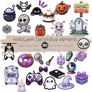 Cute Halloween Clipart Bundle | 102 PNG Files | Kawaii Spooky Elements | Ghost Bat Pumpkin Witch Hat | Digital Download