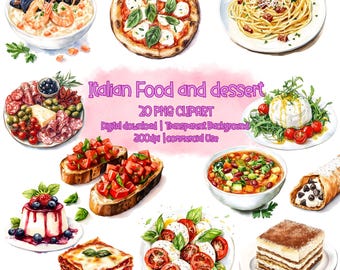 Aquarell Italienisches Essen Clipart: Pizza, Pasta, Bruschetta (PNG Digital Download)