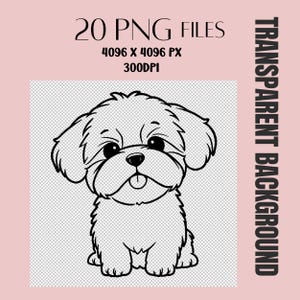 Pu&ograve; includere: Illustrazione in bianco e nero di un cucciolo carino con grandi occhi e una lingua sporgente. L'immagine include il testo "20 PNG FILES", "4096 X 4096 PX" e "300DPI". Le parole "TRANSPARENT BACKGROUND" sono scritte verticalmente.