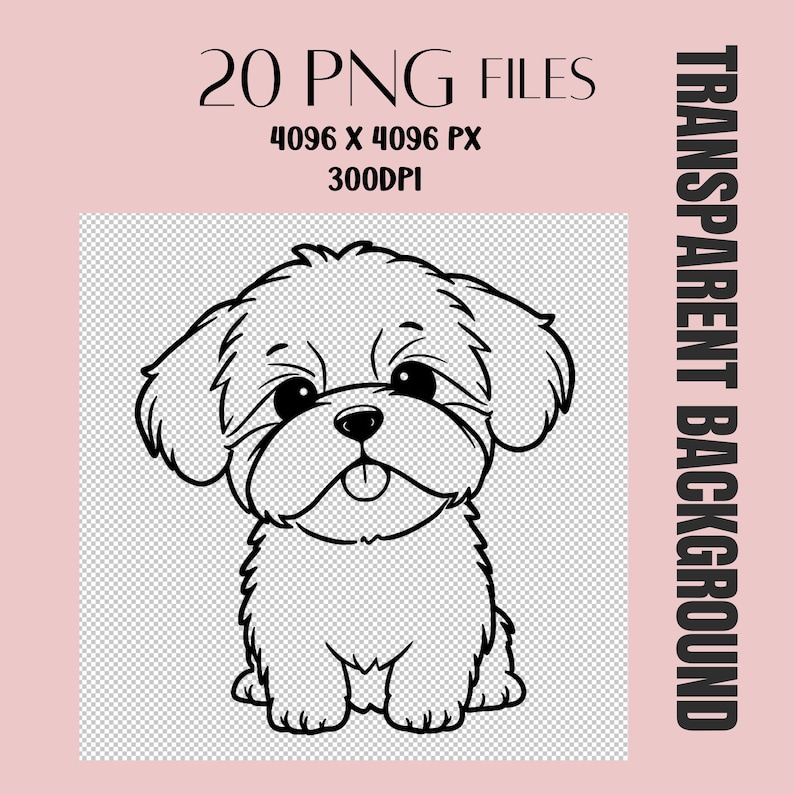 Pu&ograve; includere: Illustrazione in bianco e nero di un cucciolo carino con grandi occhi e una lingua sporgente. L'immagine include il testo "20 PNG FILES", "4096 X 4096 PX" e "300DPI". Le parole "TRANSPARENT BACKGROUND" sono scritte verticalmente.