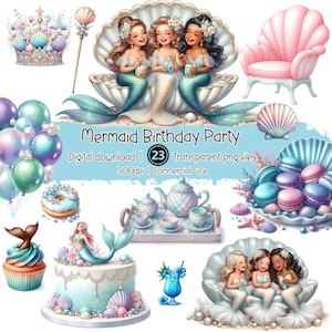 Meerjungfrau-Geburtstags-Clipart-Bundle, Aquarell unter dem Meer PNG, Mädchen-Geburtstags-Clipart, Muschel, Meerjungfrau-Kuchen und Ozean-Party-Elementen