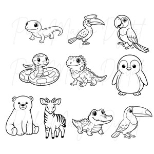 May include: Black and white line art illustrations of various animals, including a lizard, hornbill, parrot, snake, iguana, penguin, bear, zebra, crocodile, and toucan. These cartoon-style drawings are suitable for coloring or use in design projects.