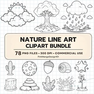 Nature Line Art Clipart, 78 PNG Nature Bundle, Trees Rocks Weather and Landscape Coloring Illustrations
