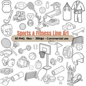 Może przedstawiać: Czarno-białe ilustracje różnych sprzętów sportowych i fitness, w tym bieżni, kosza do koszykówki, hantli i worka bokserskiego. Wyświetlany jest tekst "Sports & Fitness Line Art".