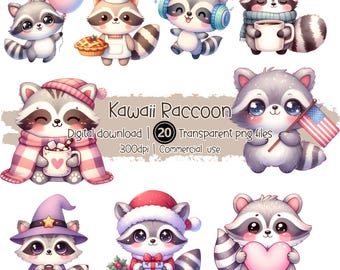 Kawaii Raccoon Clipart Bundle | 20 Cute Raccoon PNGs | Transparent Background | 300 DPI | Digital Download