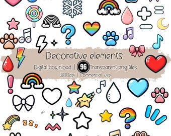 Kawaii Clipart: Rainbow Hearts, Stars, Bows - 96 PNG Stickers (Digital Download)