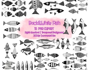 Fisherman Aesthetic Black and White Fish PNG Clipart Set with a variety of patterns, stripes dots triangles abstract designs fish