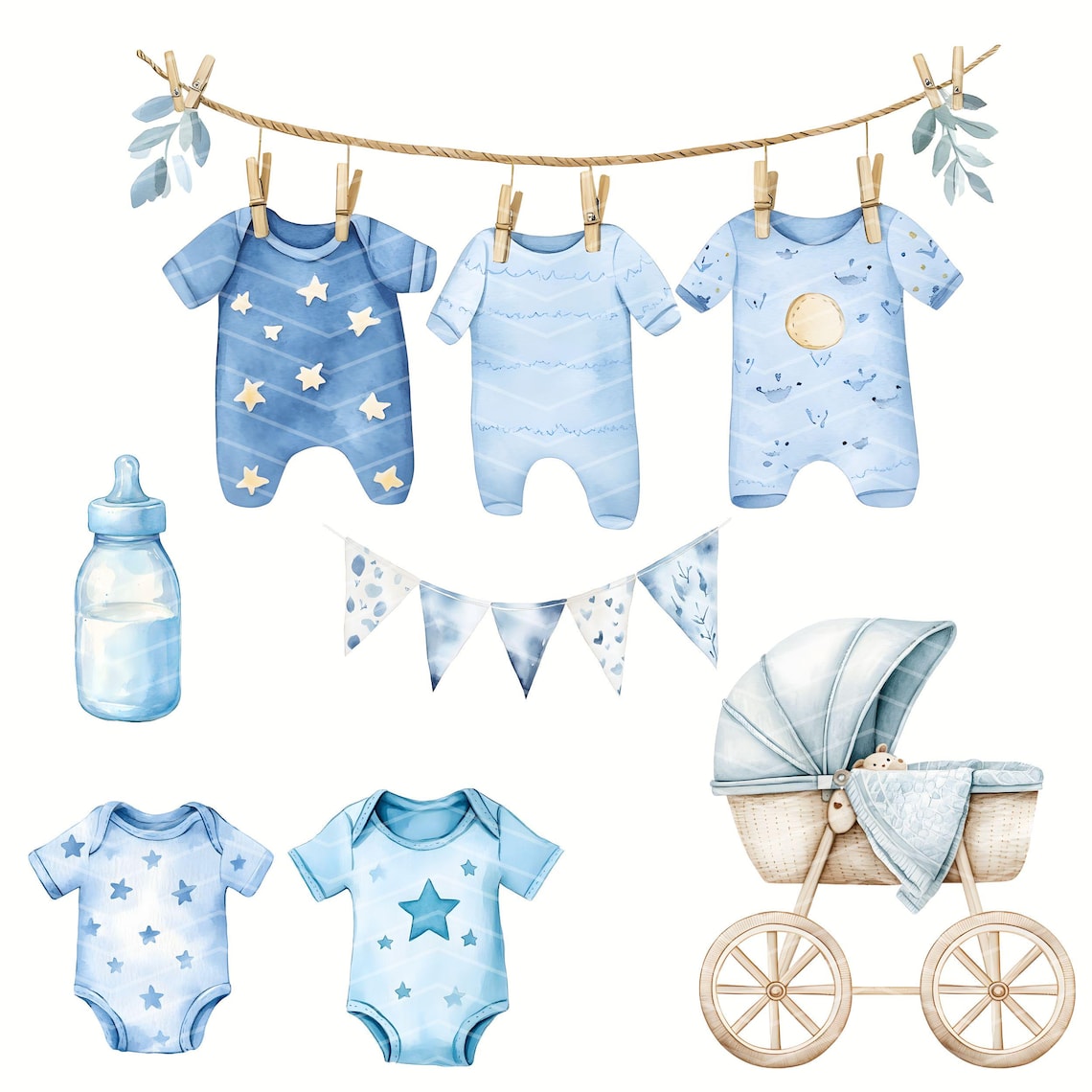 Boy Baby Shower Clipart Bundle Watercolor PNG Nursery Decor Blue ...