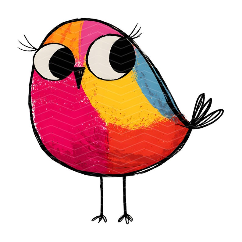 May include: A colorful illustration of a round bird with large white eyes, long eyelashes, and a small black beak. The bird features textured sections of bright pink, orange, yellow, and blue, with thin black line art for its legs and tail.